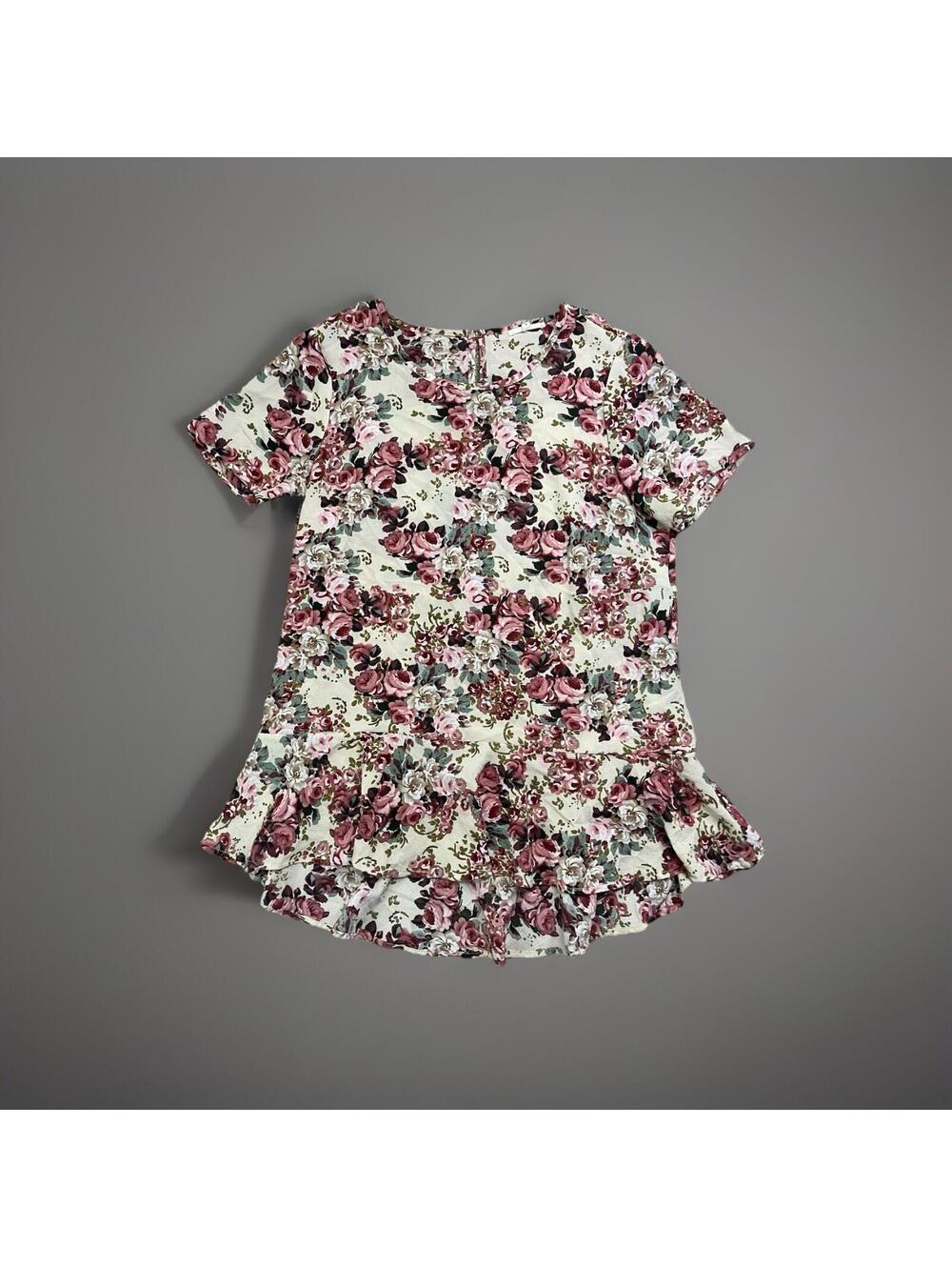 Pleione Floral Print Cap Sleeve Peplum Hem Women's Medium Top Blouse R1